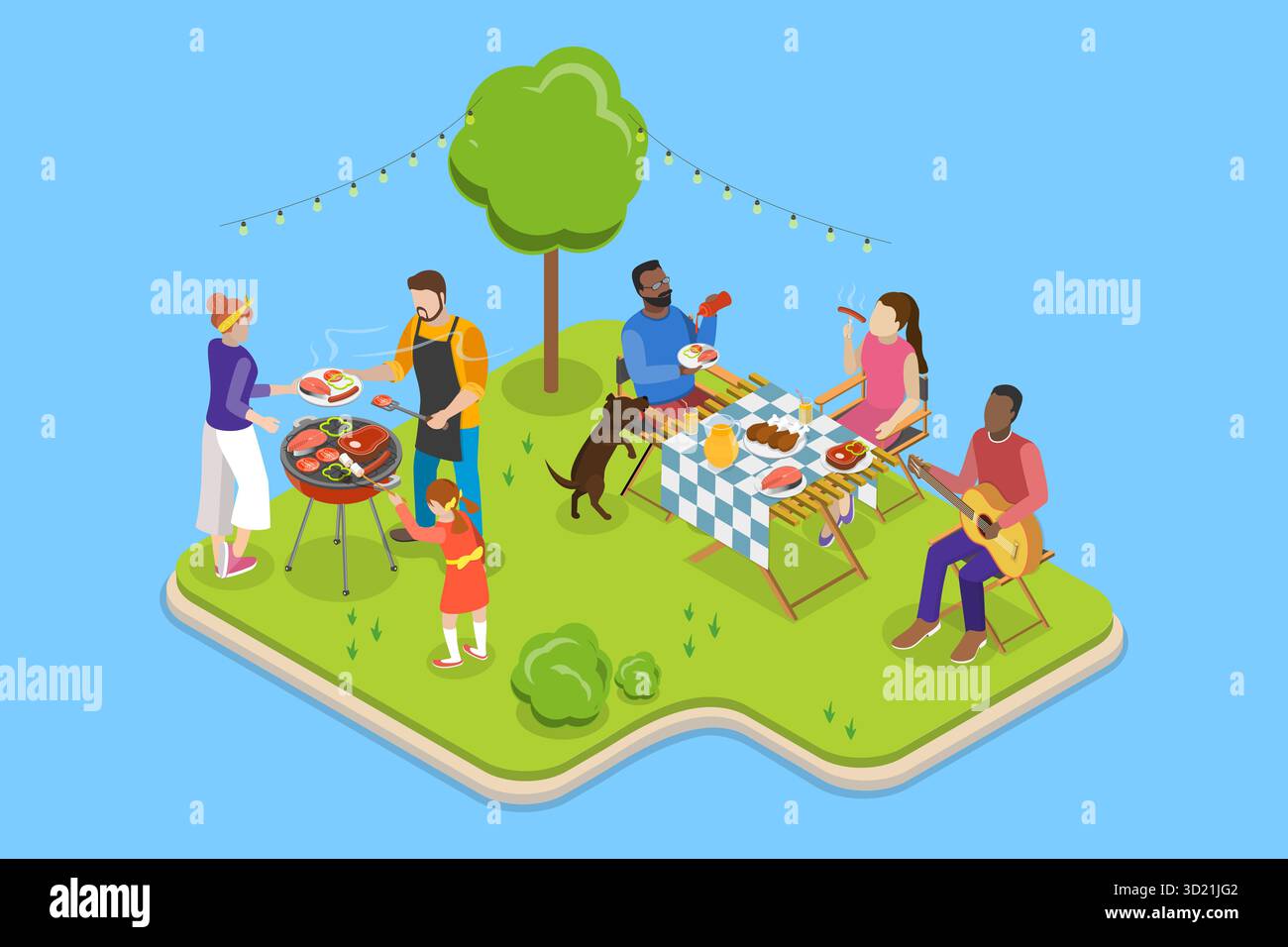 3D Isometric Flat Illustration of Barbecue Party, Summer Day Backyard ...