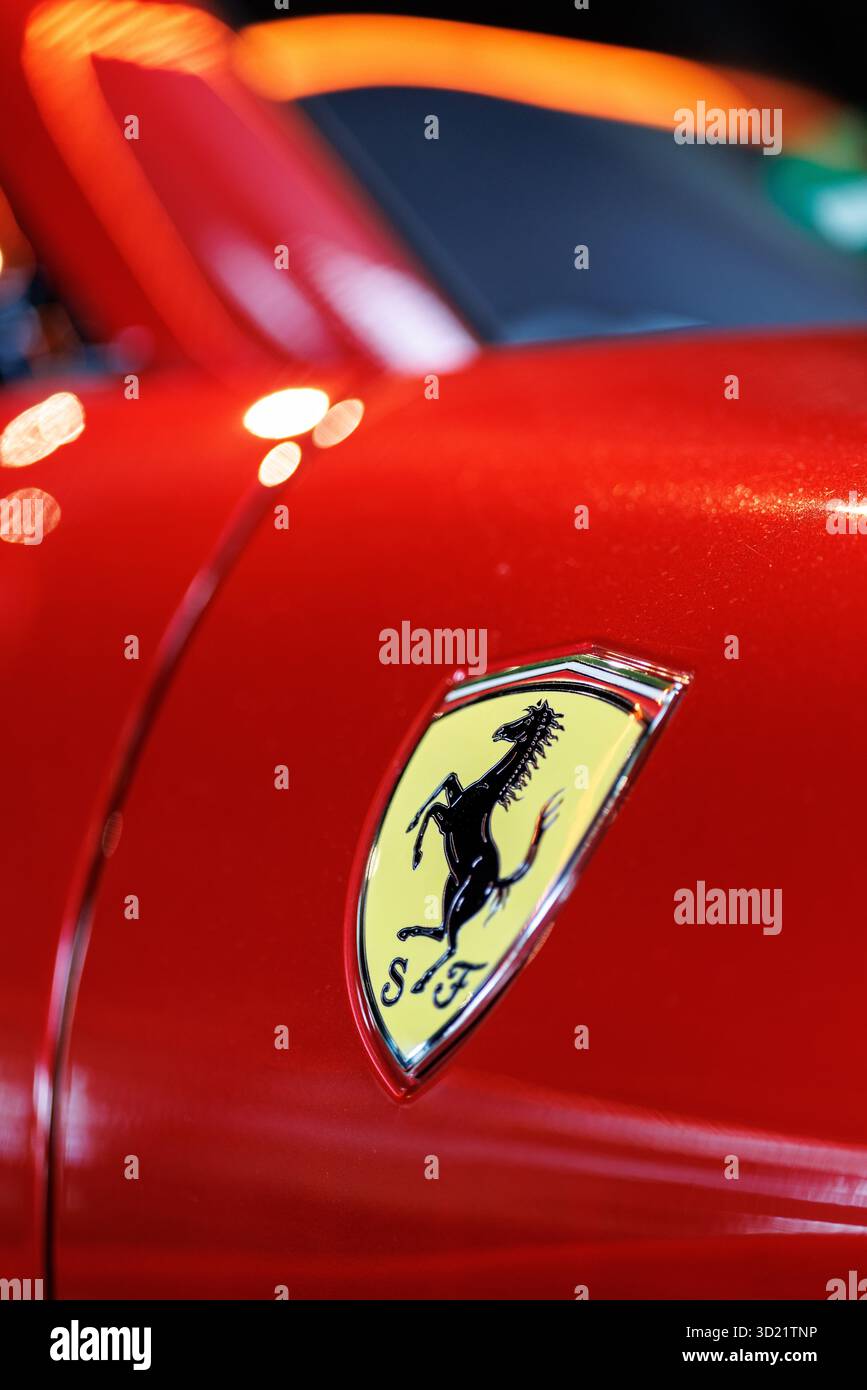 29 October 2025, Bavaria, Munich: The Ferrari brand logo (emblem ...