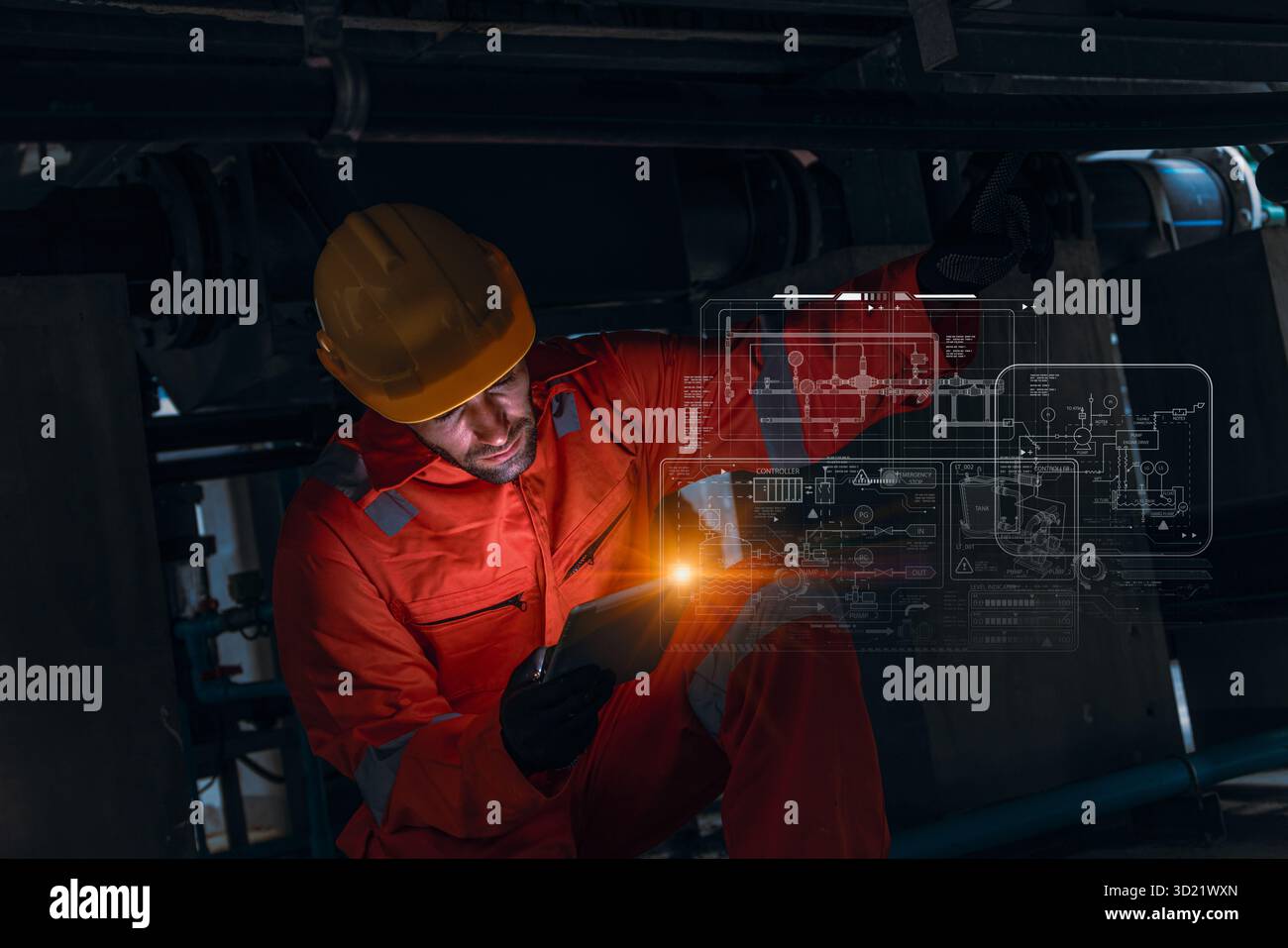 Engineer worker using modern technology digital innovation software service maintenance industry pipe infrastructure Stock Photo
