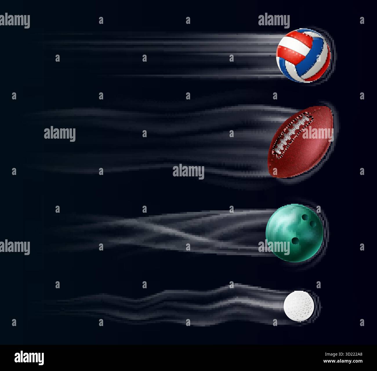 Spiral air currents from flying sports balls on dark background. Flight ...