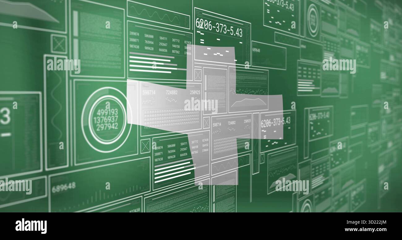 Displaying data panels intersecting plus symbol on green interface, showing numerical readouts Stock Photo
