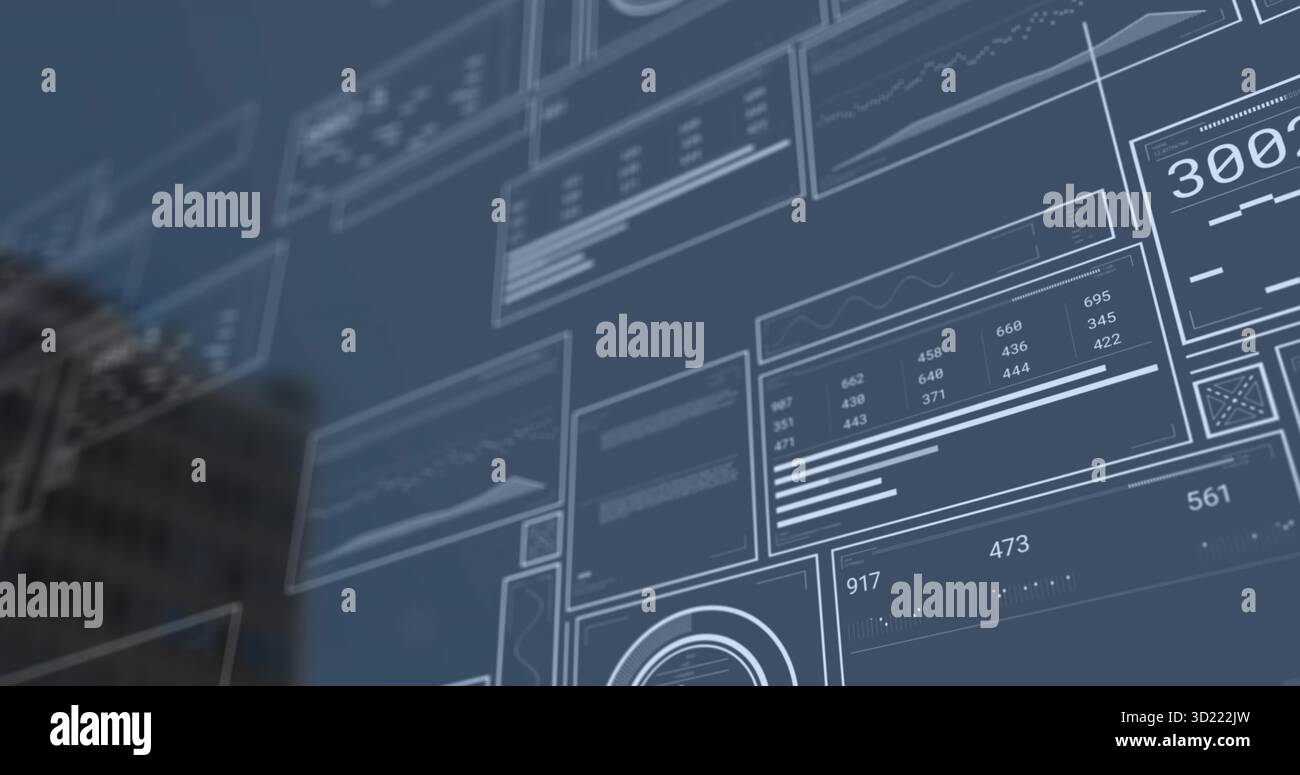 Digital interface panels displaying data views in AR environment, with line graphs numeric tables Stock Photo
