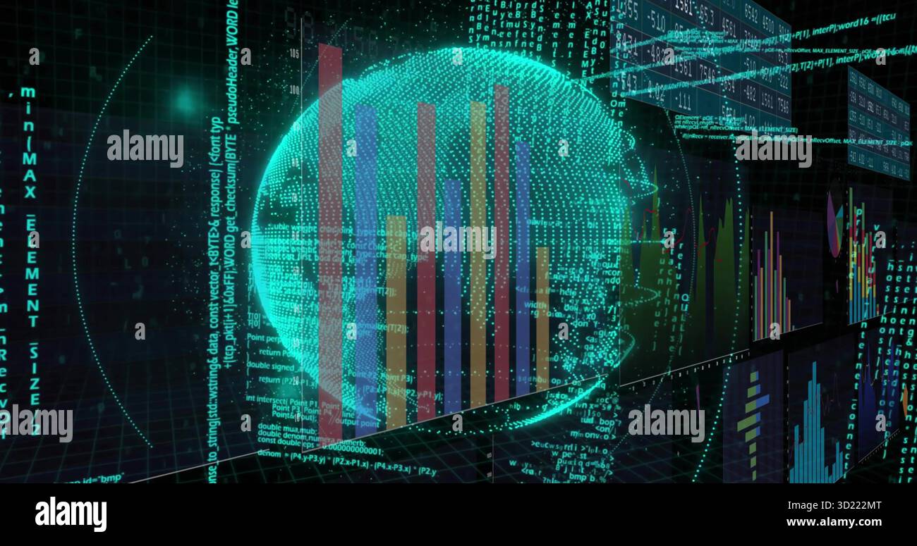 Floating 3D wireframe globe rotating in virtual grid plane, with bar charts and interface panels Stock Photo
