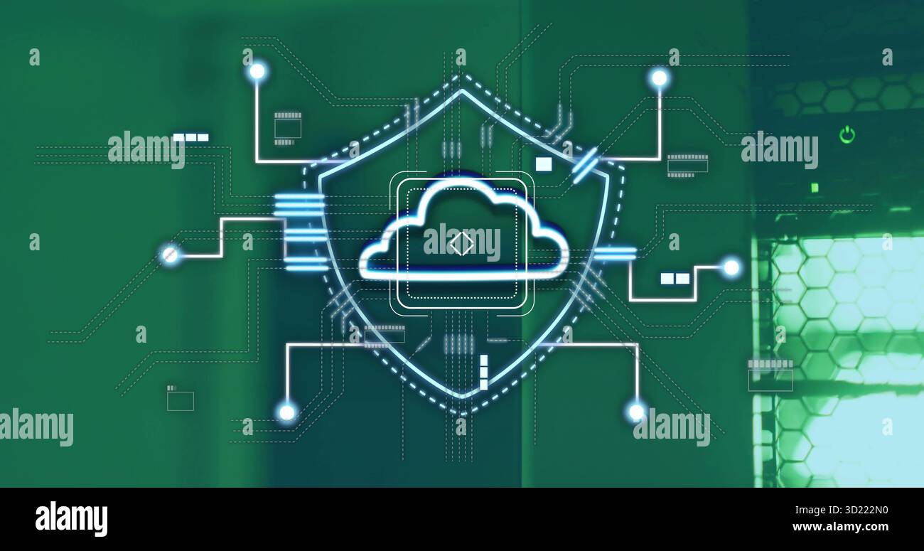 Displaying cloud icon within shield connecting lines to network nodes on green GUI, with hex grid Stock Photo