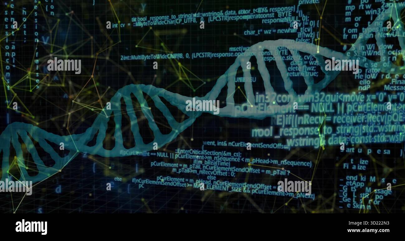 Displaying glowing DNA helix twisting through virtual code and network graph in digital interface Stock Photo