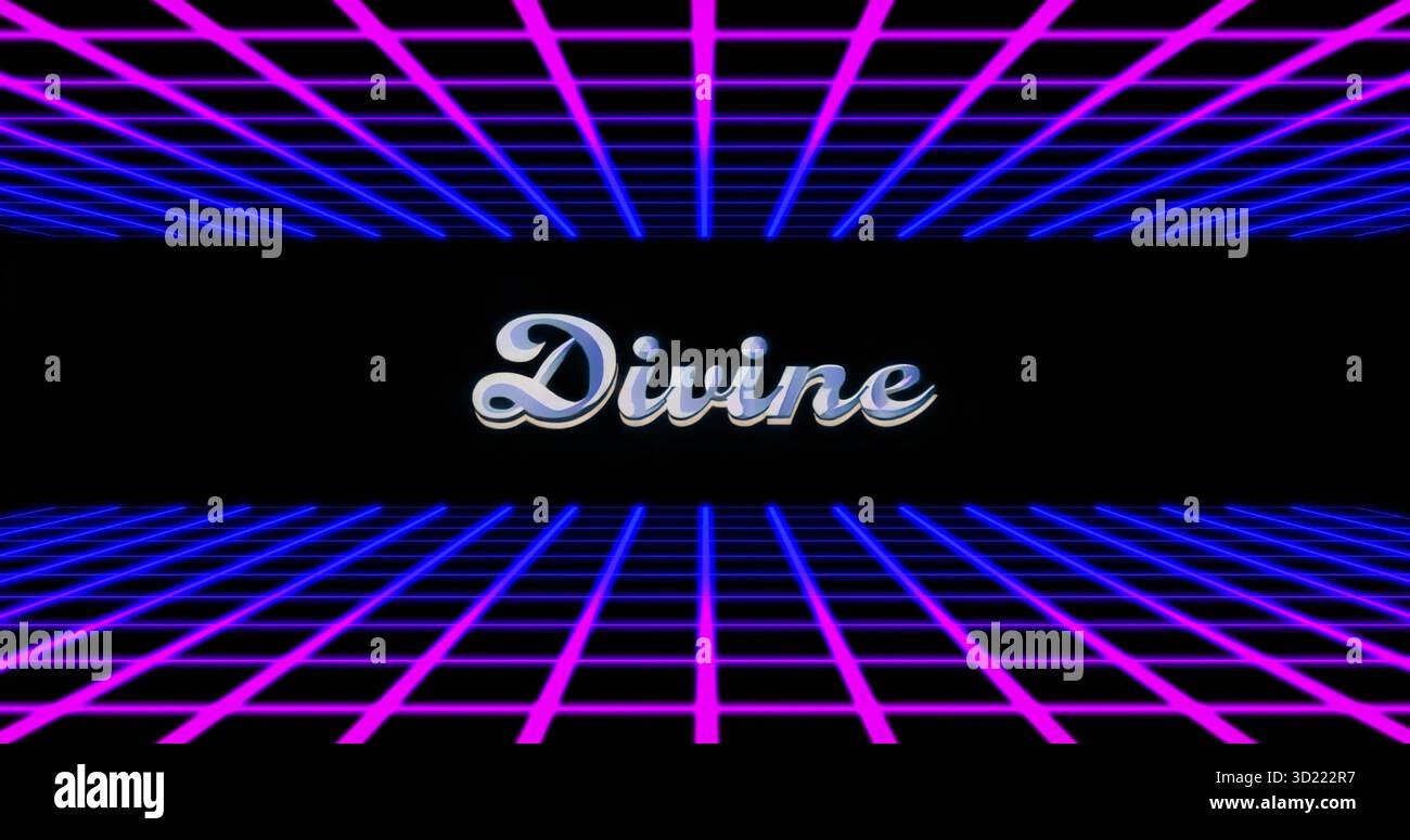 Floating metallic script word Divine hovering in virtual 3D retro grid space, with neon grid lines Stock Photo