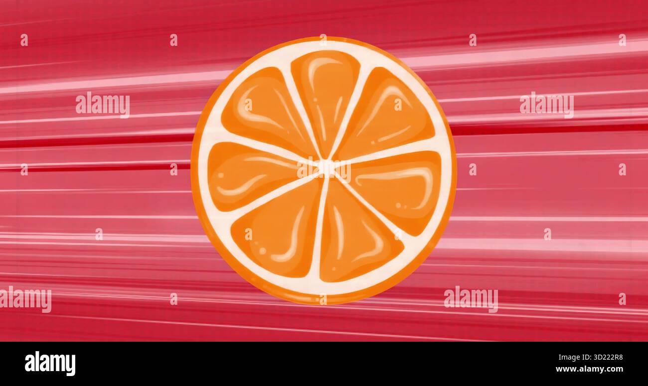 Featuring stylized orange slice floating in flat graphic design context with red streak patterns Stock Photo