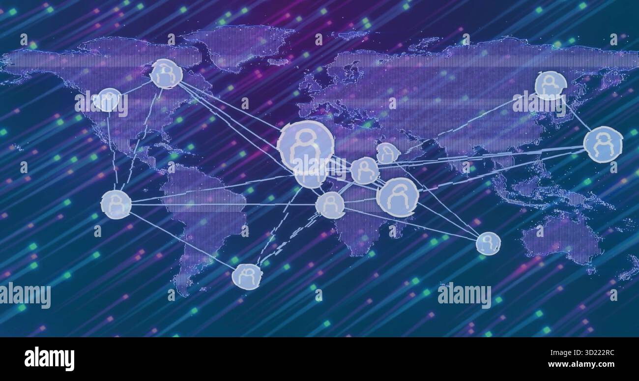 Displaying purple pixel world map in interface, showing arrows, network nodes and neon data streaks Stock Photo