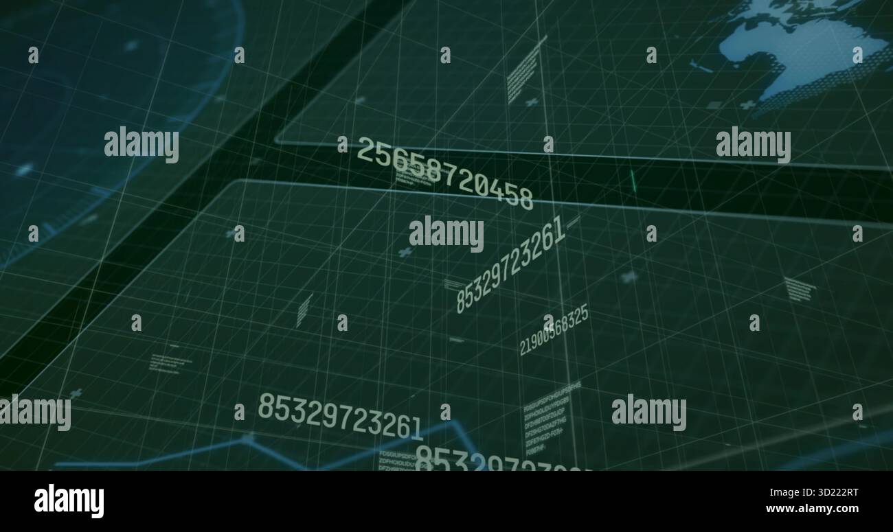 Extending green grid network across panel, with floating numbers, world map and data overlays Stock Photo