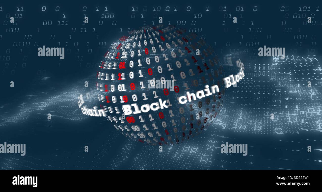 Floating 3D binary code sphere rotating above dark blue data plane, with rotating block chain ring Stock Photo