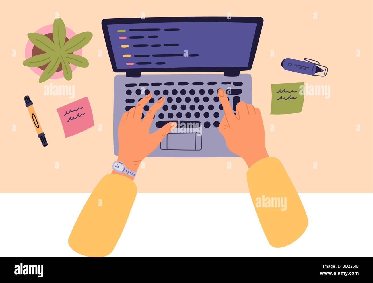 Programmer creates computer program on laptop top view. Hands typing on ...