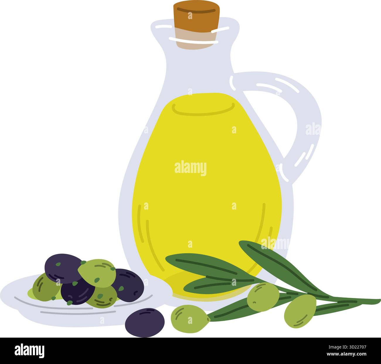Glass bottle of olive oil with cork. Plate and branch with fruit ...