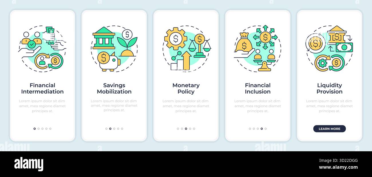 Financial system functions onboarding mobile app screen Stock Vector