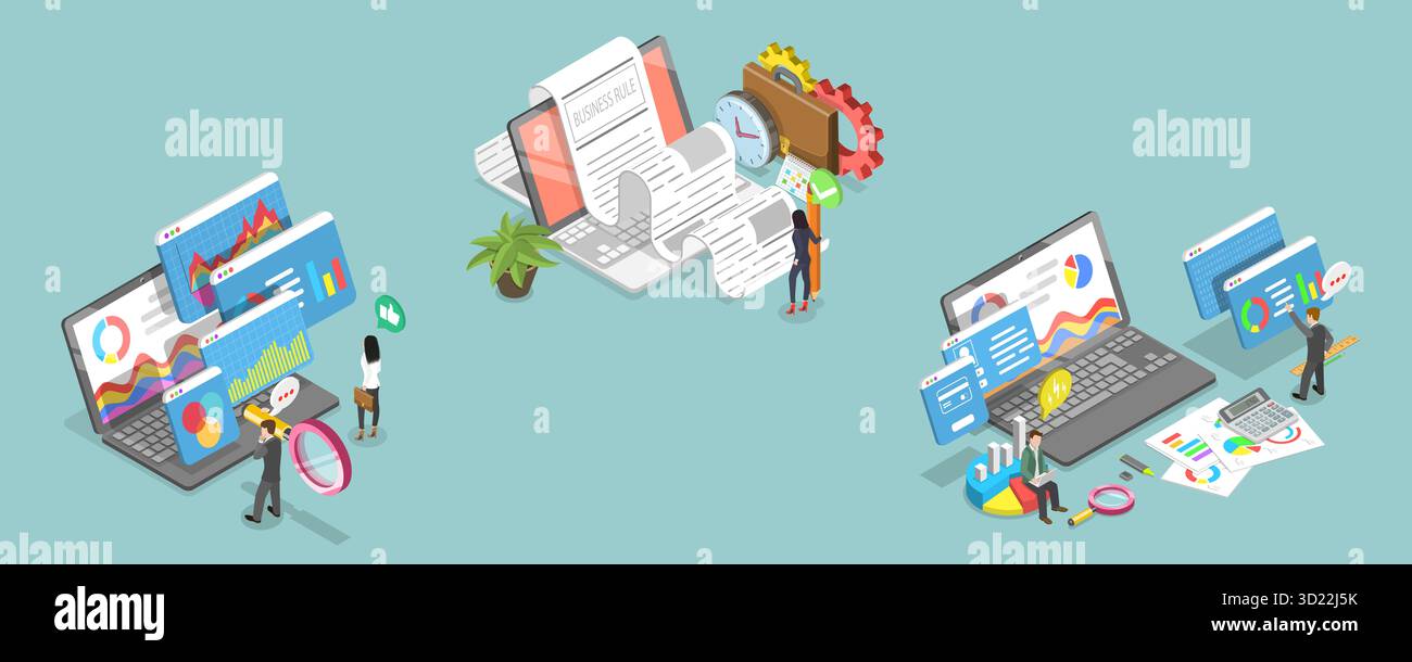 3D Isometric Flat  Illustration of IT Project Management, Financial Analysis Report Stock Photo