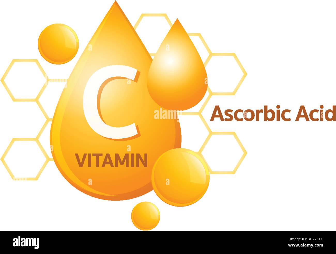 Bright orange vitamin C droplets with hexagonal molecular structure, flat vector style, white background Stock Vector