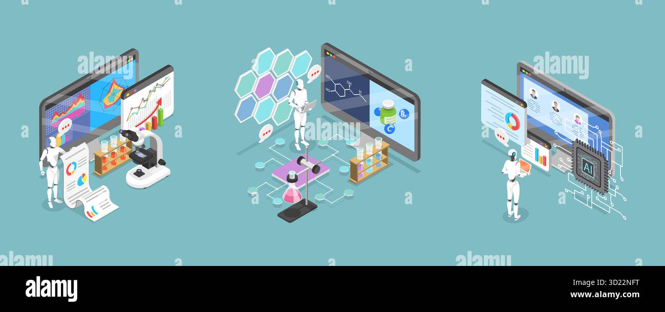 3D Isometric Flat Illustration of AI and Science Research, Artificial ...