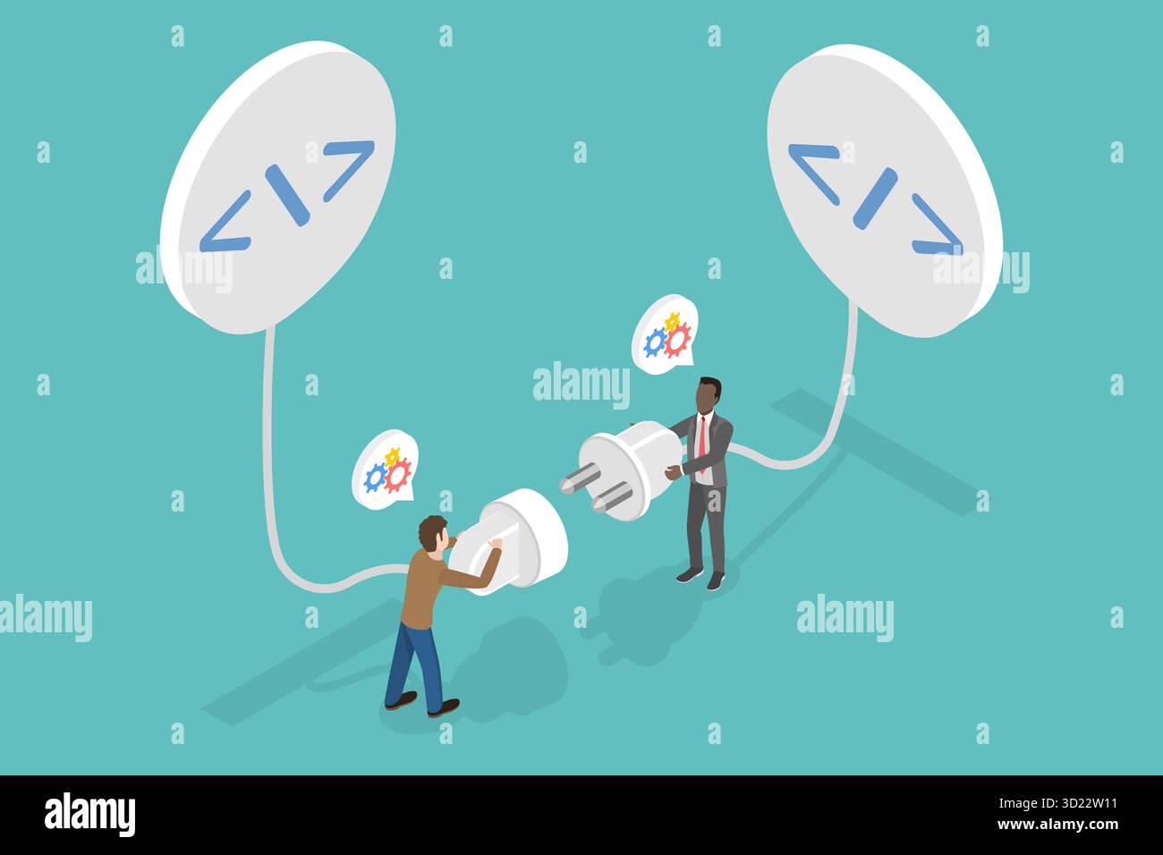 3D Isometric Flat  Illustration of Application Programming Interface , Programmer Establishes Connection Between Coding Programs Stock Photo
