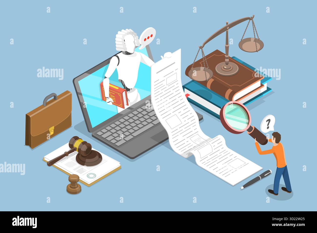 3D Isometric Flat  Illustration of AI-Driven Legal Services, Law and Crime Research with Rech Research Stock Photo