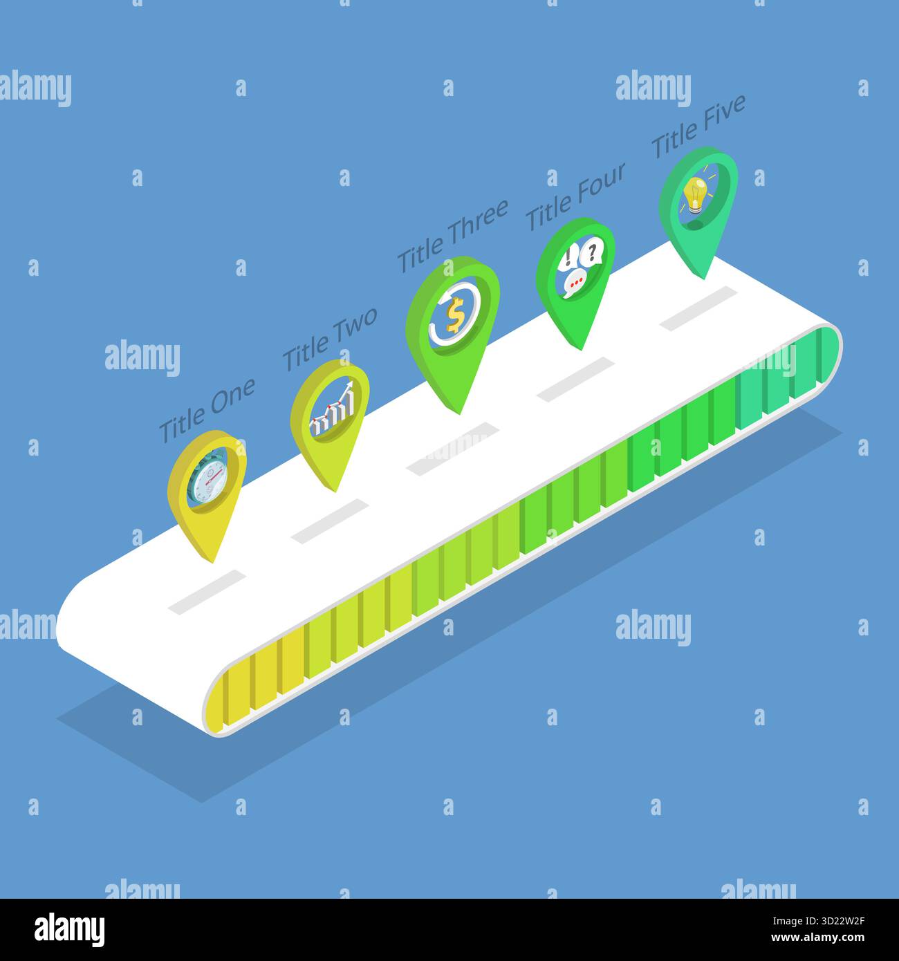 3D Isometric Flat  Illustration of Workflow, Five-Step Process Using Pointer Scale Stock Photo