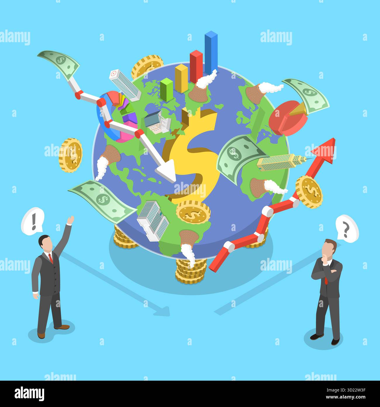 3D Isometric Flat Illustration of Global GDP, Money Study and Basic ...