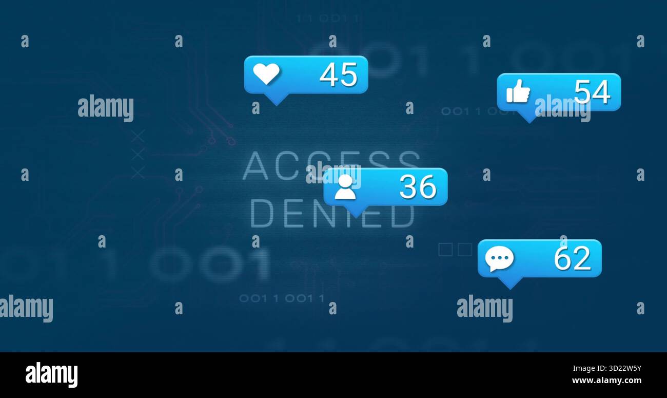 Displaying central ACCESS DENIED message on security interface, with blue notification bubbles Stock Photo