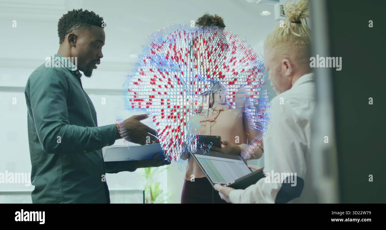 Collaborating three business professionals analyzing data globe in meeting room, with laptop tablet Stock Photo