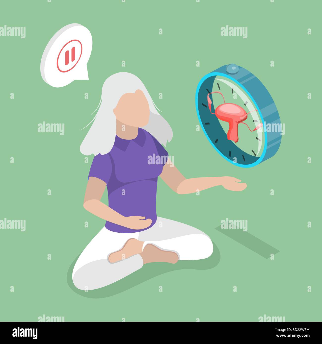 3D Isometric Flat  Illustration of Aging and Menopause, Elderly Woman Facing Ticking Fertility Clock Stock Photo