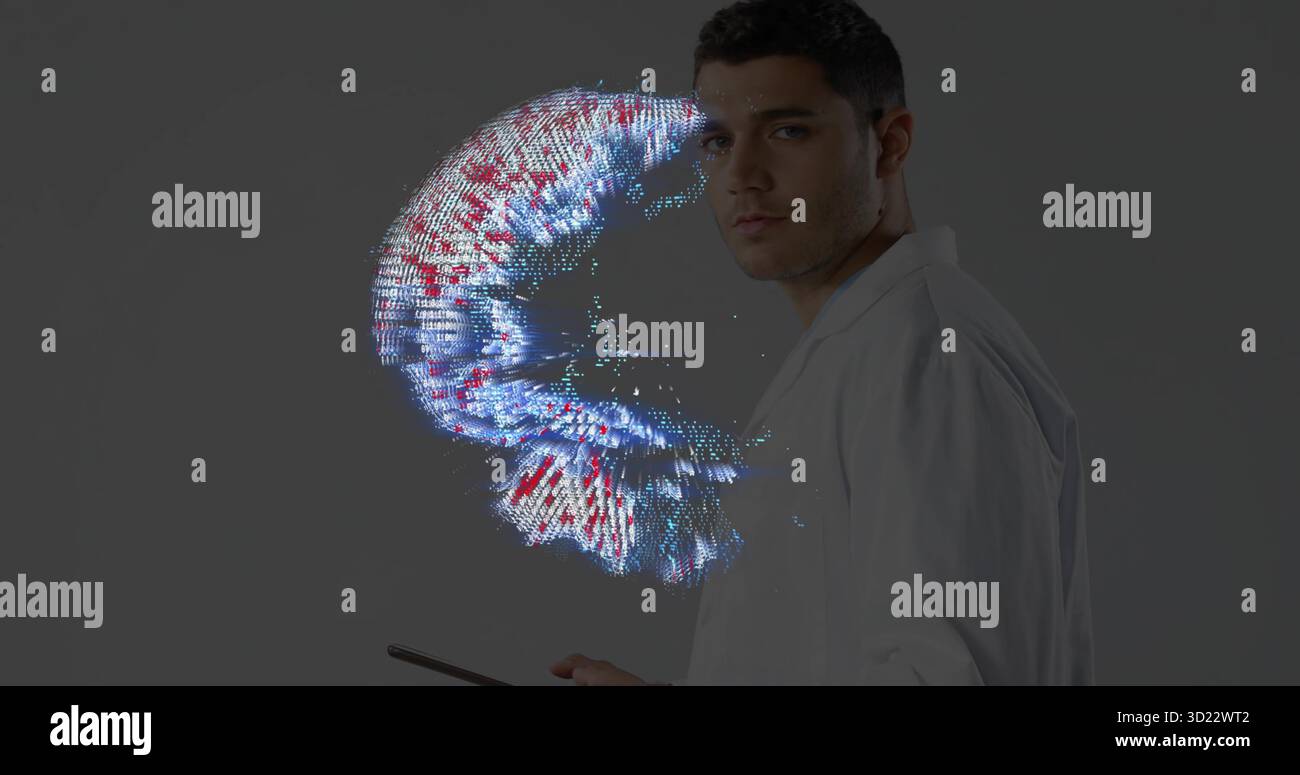 Analyzing researcher in white lab coat holding tablet in lab, with holographic data arc, copy space Stock Photo
