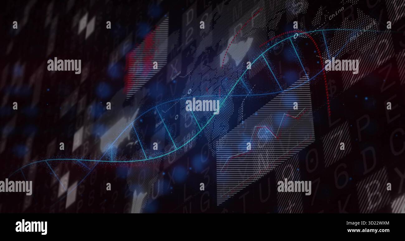 Rendering glowing DNA helix rotating in data visualization environment, with translucent panels Stock Photo