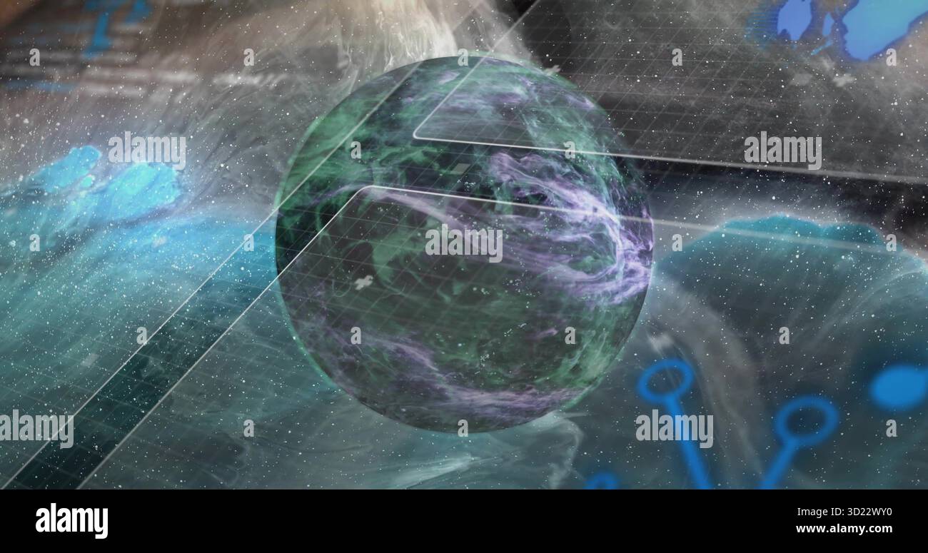Rotating sphere projecting hex overlay in virtual space, with data panels floating blue icon nodes Stock Photo