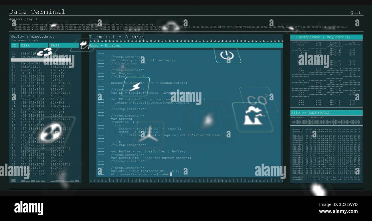 Rendering code editor showing JavaScript on screen with case list, key table, dump, floating icons Stock Photo