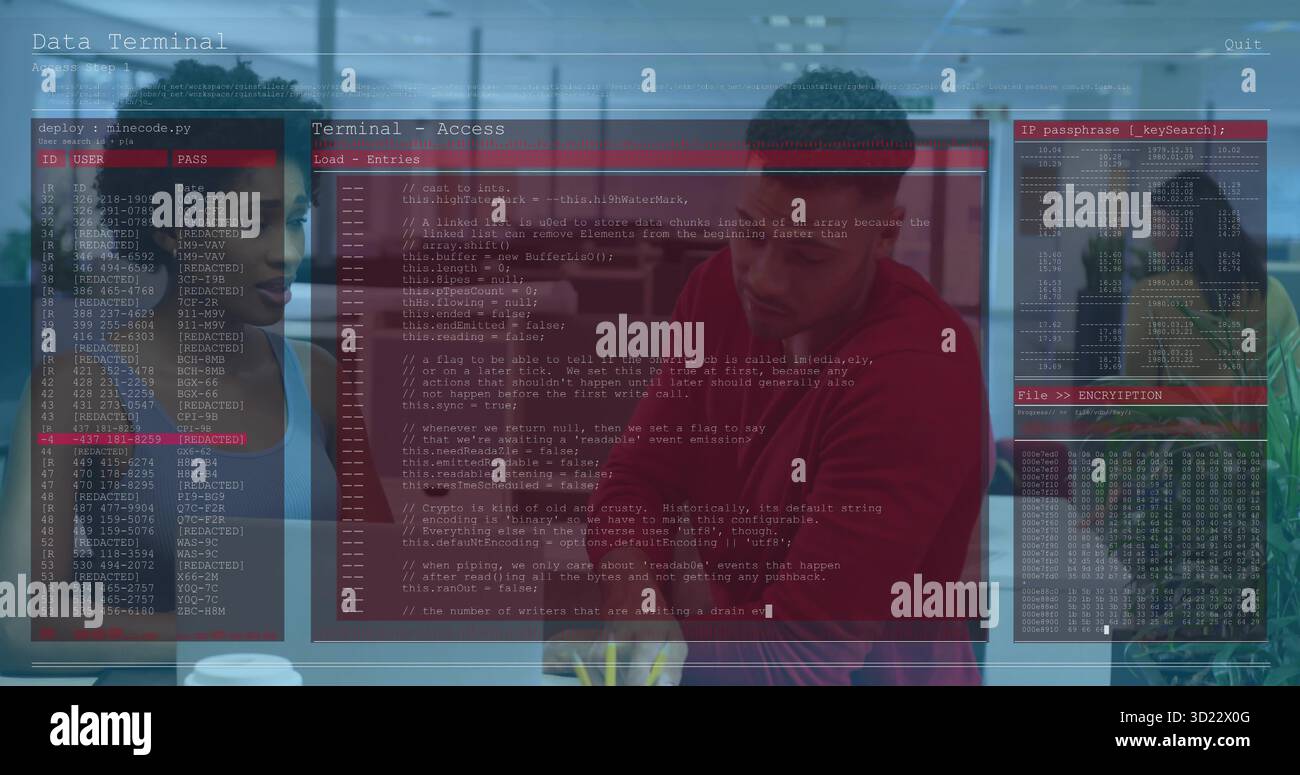 Collaborating three tech professionals reviewing projected code on glass in office, laptops, mugs Stock Photo