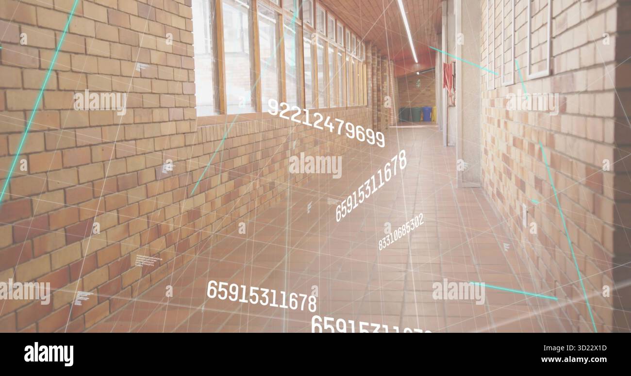 Displaying empty brick corridor showing floating numerical data grid inside hallway, with windows Stock Photo