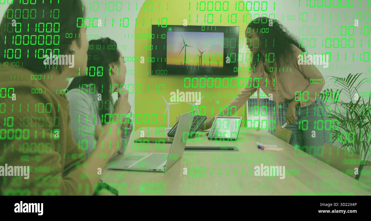 Collaborating professionals analyzing binary code overlay in office meeting room, with DSLR camera Stock Photo