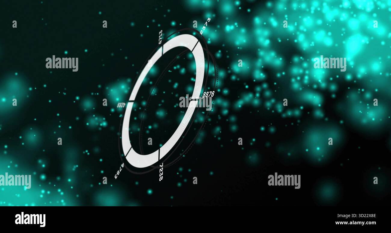 Spinning 3D segmented gauge ring in interface, showing numeric labels and glowing turquoise points Stock Photo