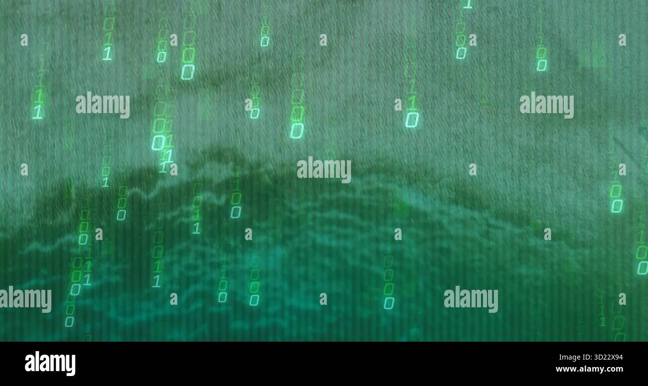 Streaming glowing binary digits cascading across digital simulation, water-like texture effect Stock Photo