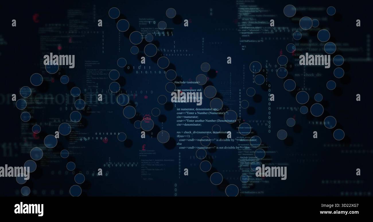 Displaying network graph at analytics dashboard featuring translucent nodes and code snippets Stock Photo