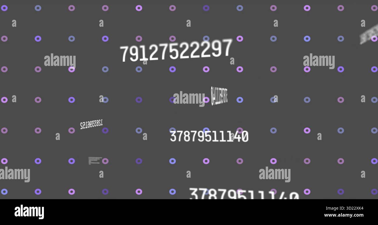 Displaying floating numeric strings over dark grey grid, with purple-blue nodes and data blocks Stock Photo