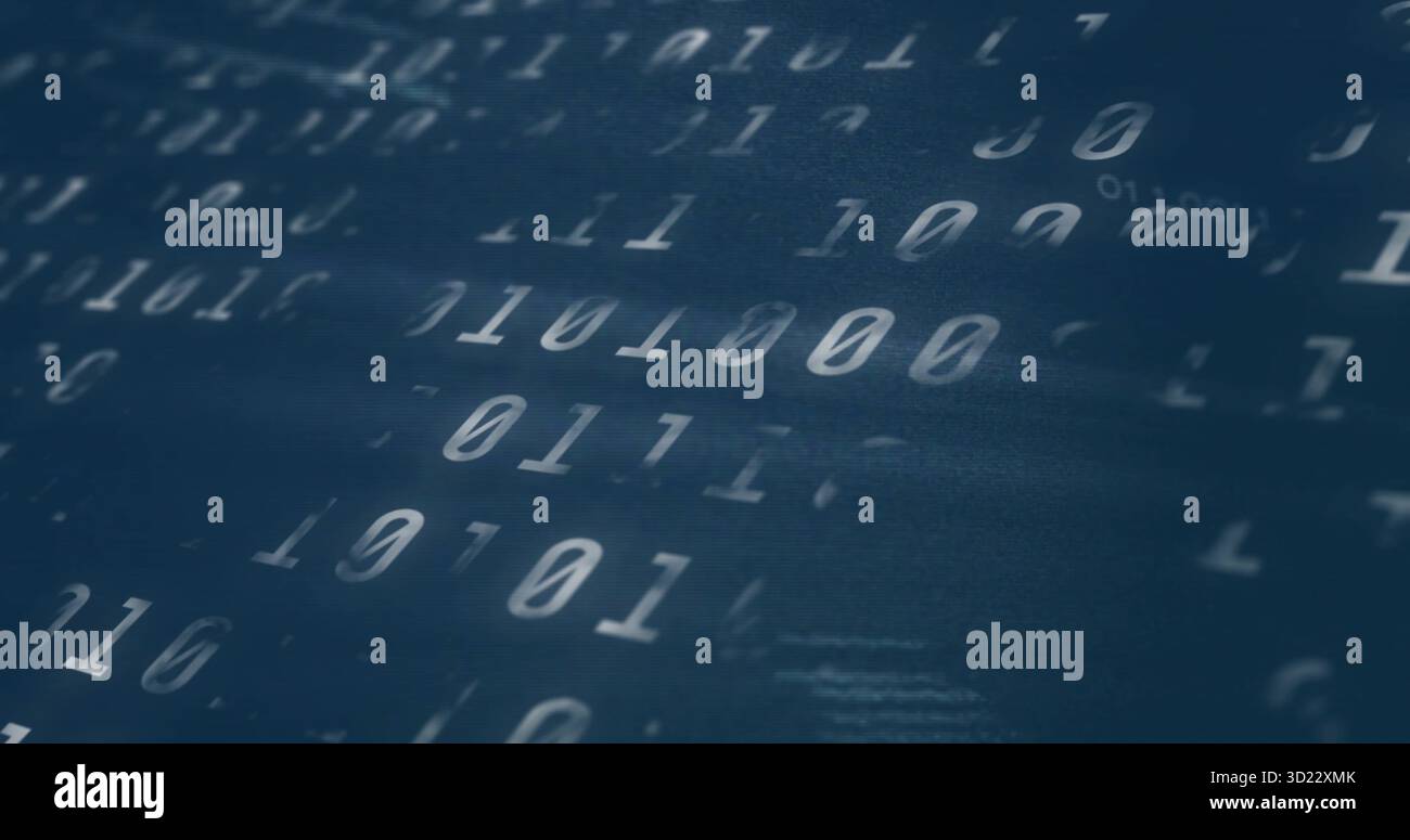 Streaming binary code across dark blue digital dashboard interface, with layered white digits Stock Photo