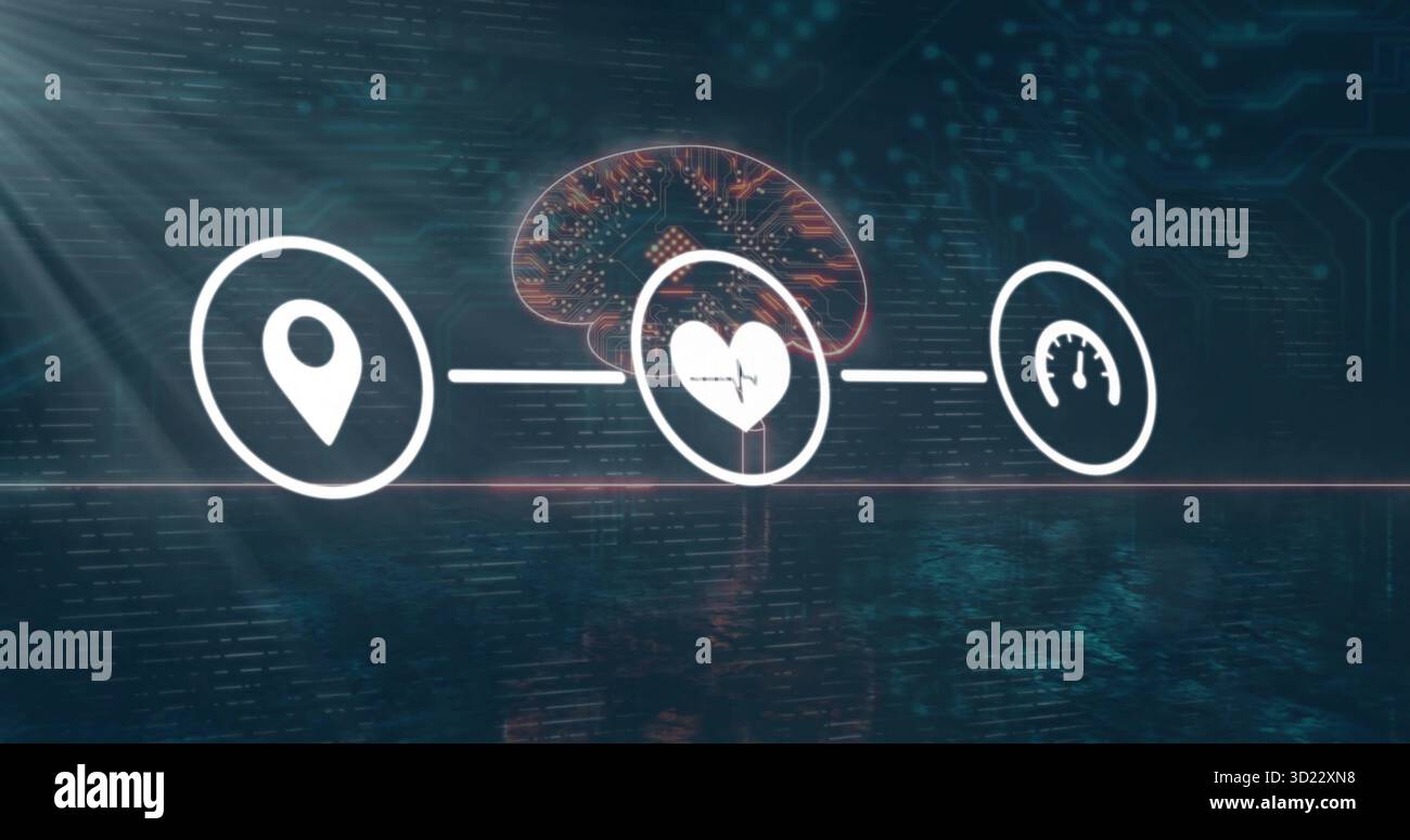 Animating circular heart icon pulsing on virtual dashboard interface, with schematic brain graphic Stock Photo