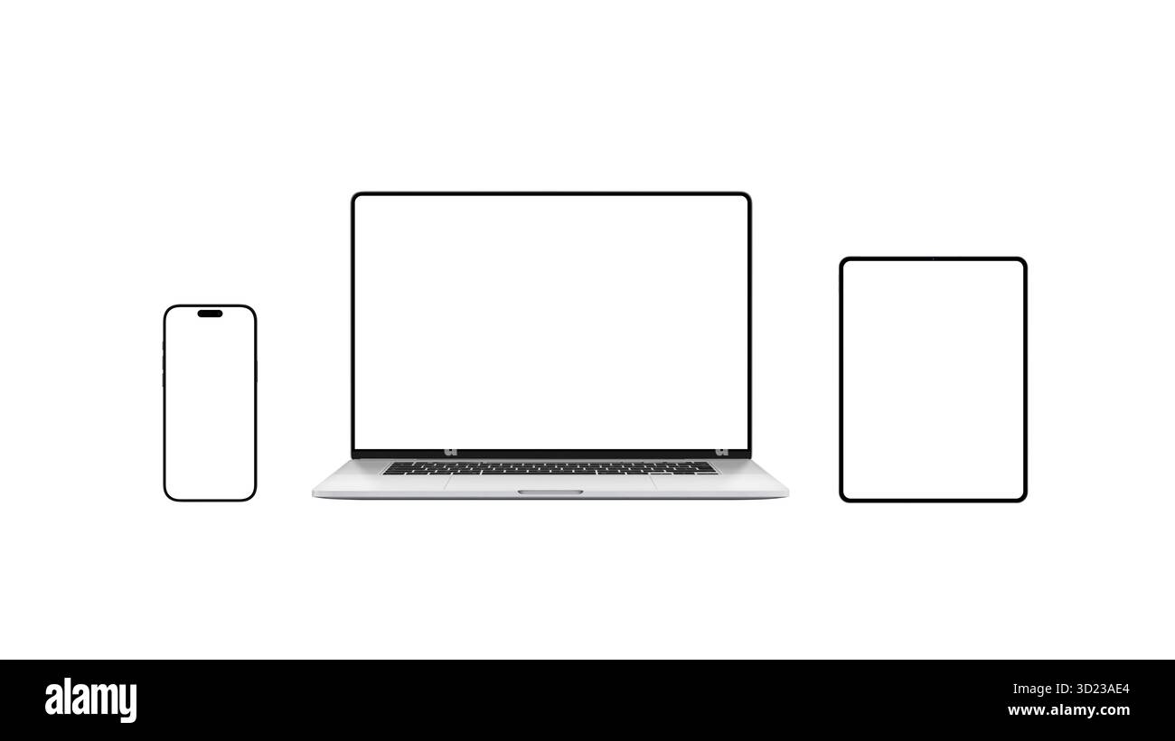Modern smartphone, laptop, and tablet with blank screens on white background, representing responsive web design, digital technology, and multi-device Stock Photo