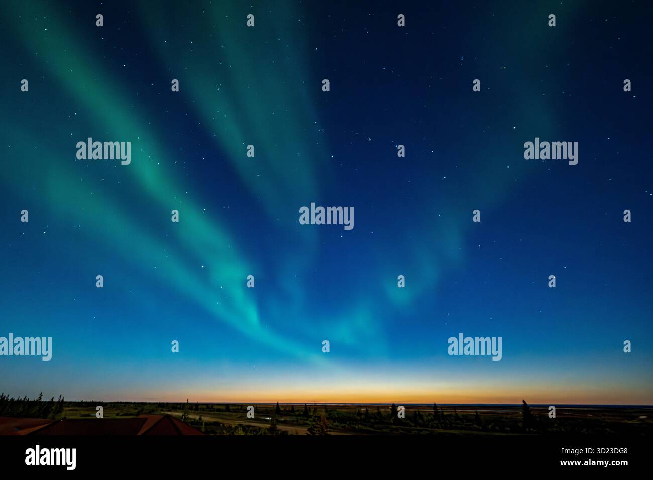 Northern lights with green auroras dancing in a clear night sky over a tranquil landscape. Hudson Bay, Churchill, Manitoba, Canada Stock Photo