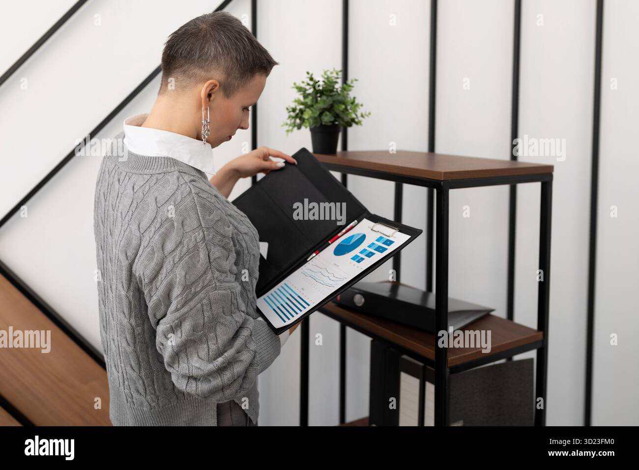 Woman checking documents in a folder in a stylish office Stock Photo