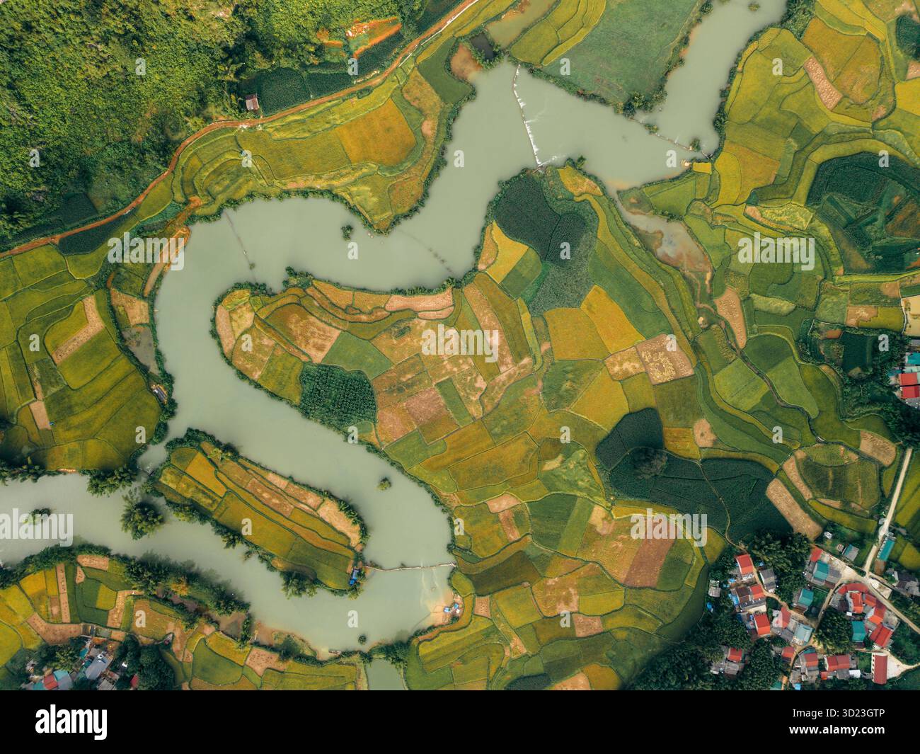 Aerial view of vibrant patchwork fields and winding river in lush ...