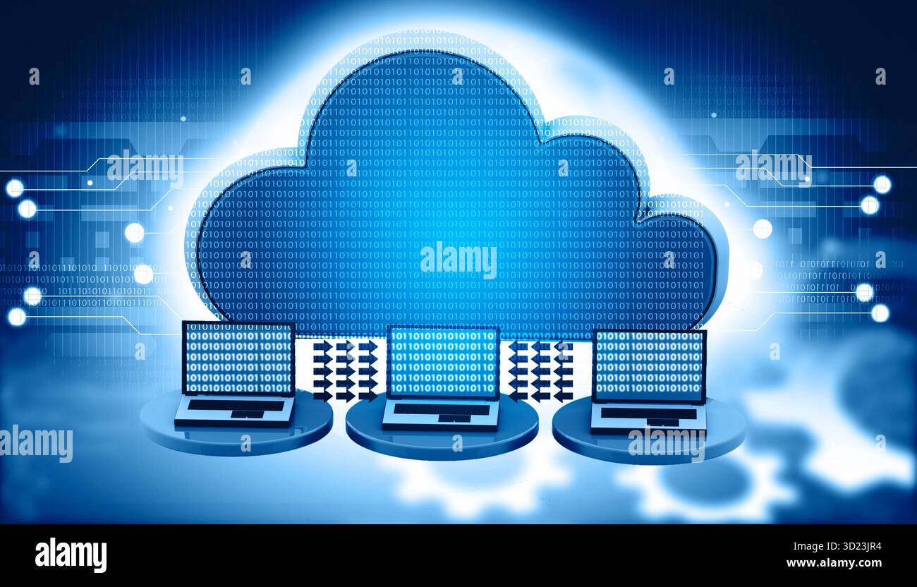 Cloud networking concept. Cloud storage technology concept. 3d illustration Stock Photo