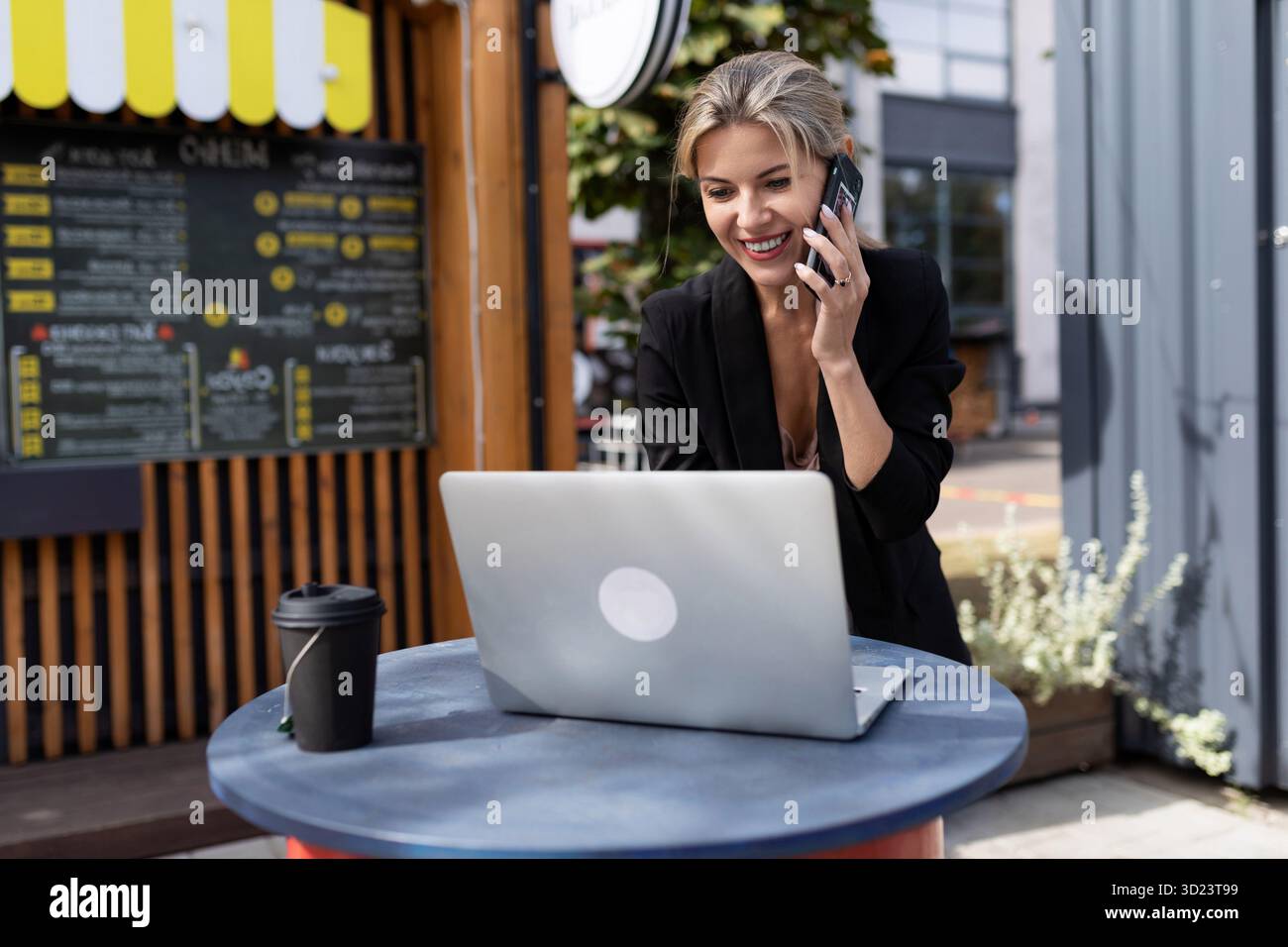 Young successful woman working on cafe laptop Stock Photo