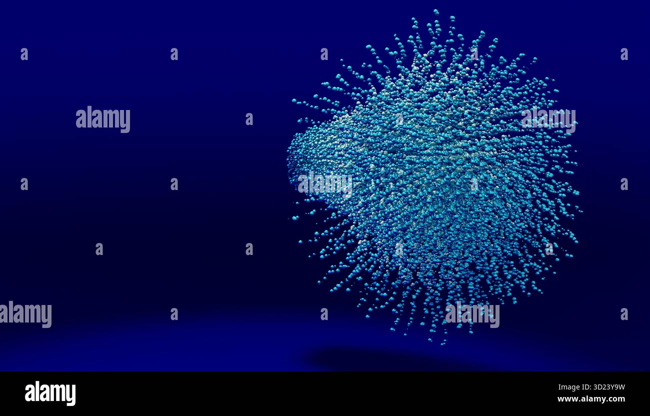 Abstract blue particle sphere on dark blue background with dynamic ...