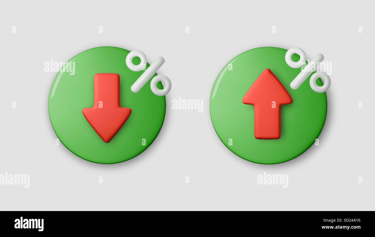 3D low price icons with red up and down arrows showing rate drop and market decline. Abstract financial vector about price decrease, percent change Stock Vector
