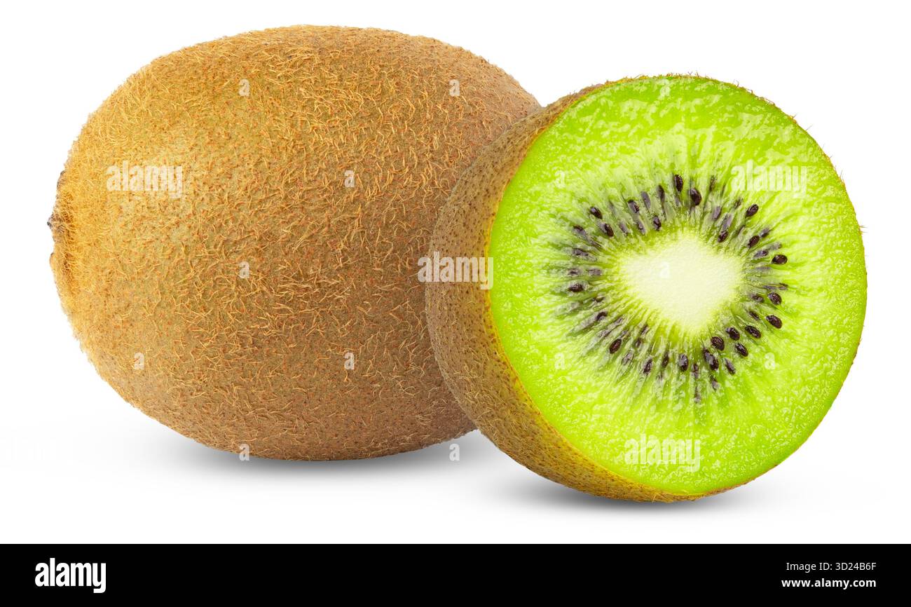 Ripe whole green kiwis fruits and half of kiwi fruit isolated. Kiwi ...