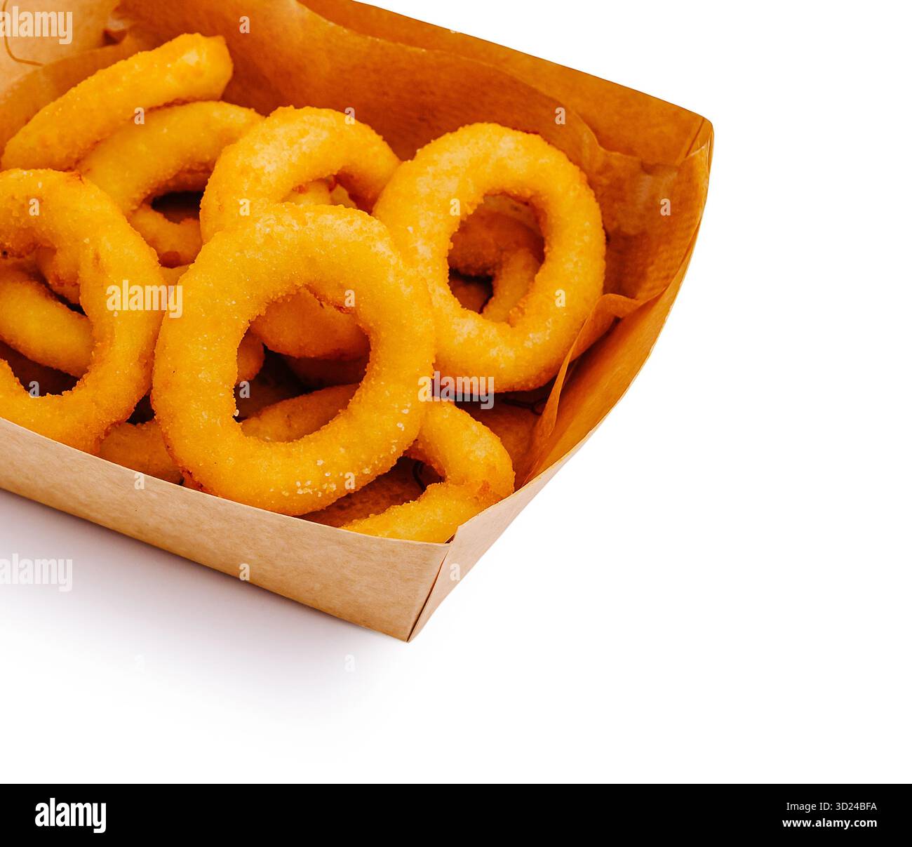 Onion Rings Paper A serving of golden-brown onion rings sits in a small paper tray ...